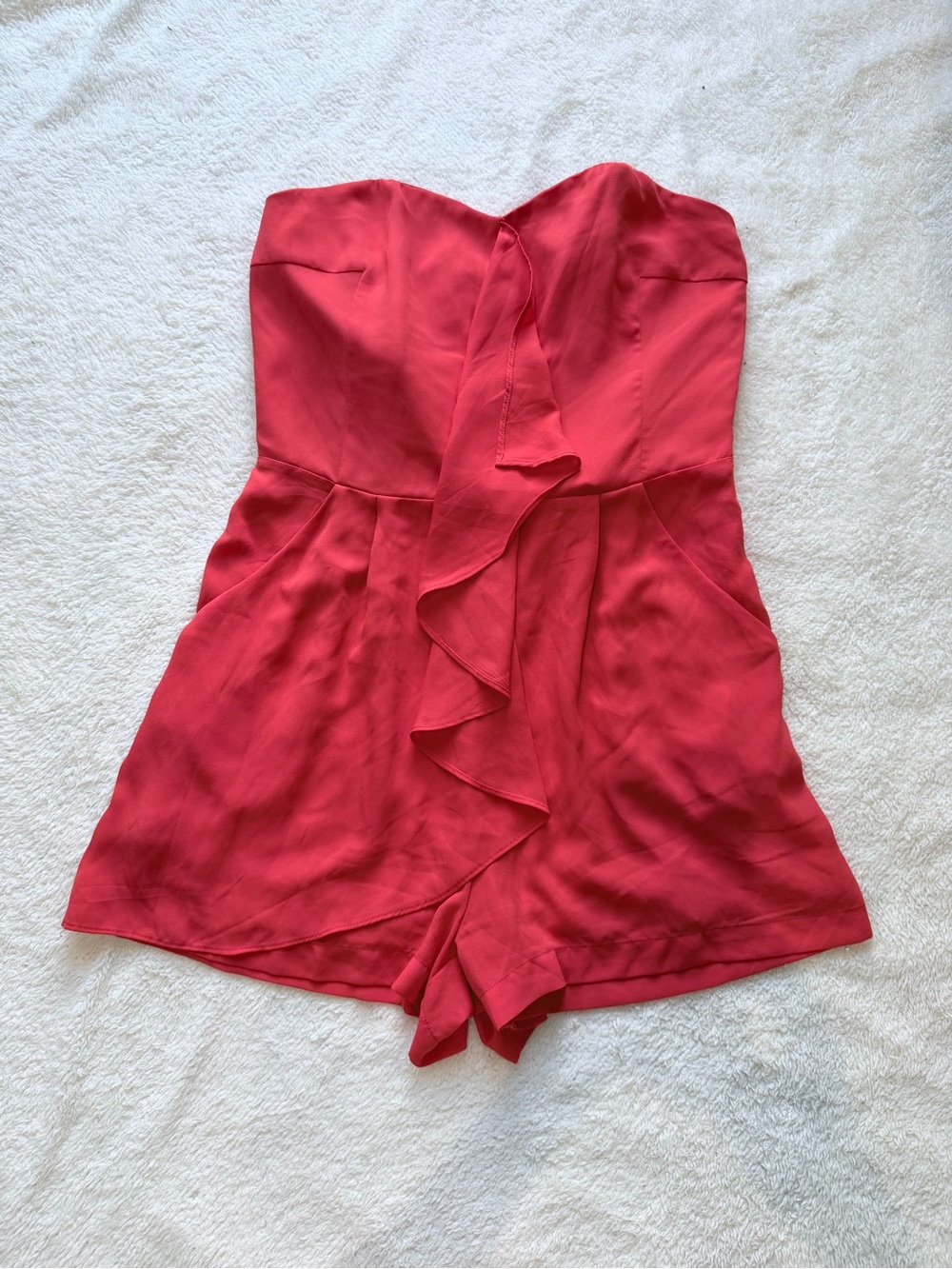 Express Strapless Red-orange Ruffle Romper - Picture 2 of 9